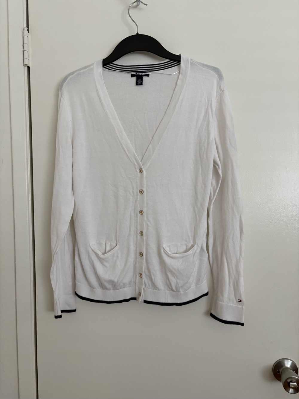 Tommy Hilfiger White V-Neck Button Cardigan with Navy Trim